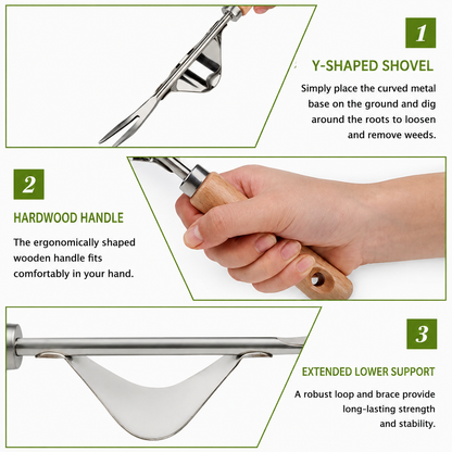 V-Fork Weed Puller with Lever Action and Ergonomic Wooden Handle for Root Removal
