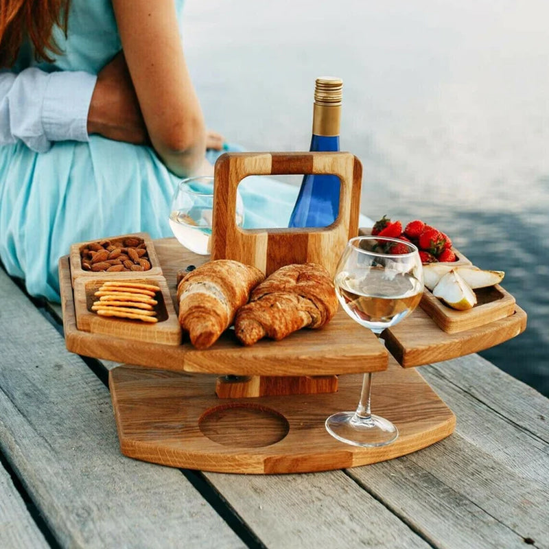 Portable Outdoor Picnic Table with Wine Bottle Holder, Two Glass Slots and Snack Space
