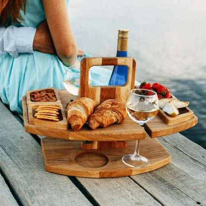 Portable Outdoor Picnic Table with Wine Bottle Holder, Two Glass Slots and Snack Space