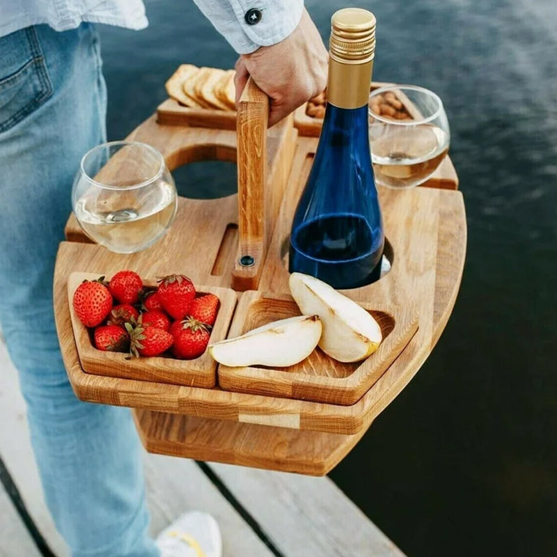 Portable Outdoor Picnic Table with Wine Bottle Holder, Two Glass Slots and Snack Space