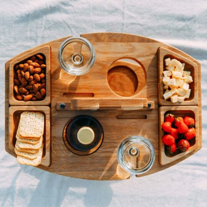 Portable Outdoor Picnic Table with Wine Bottle Holder, Two Glass Slots and Snack Space