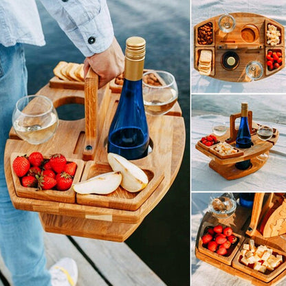 Portable Outdoor Picnic Table with Wine Bottle Holder, Two Glass Slots and Snack Space