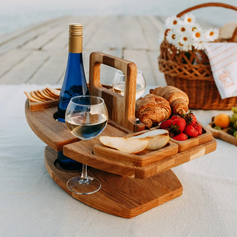 Portable Outdoor Picnic Table with Wine Bottle Holder, Two Glass Slots and Snack Space