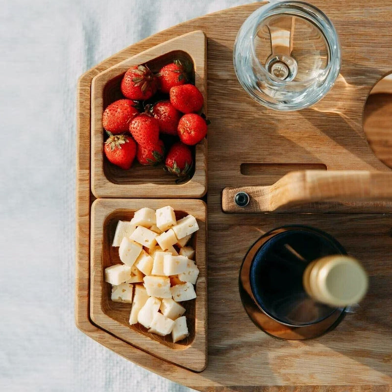 Portable Outdoor Picnic Table with Wine Bottle Holder, Two Glass Slots and Snack Space