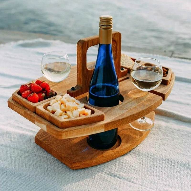 Portable Outdoor Picnic Table with Wine Bottle Holder, Two Glass Slots and Snack Space