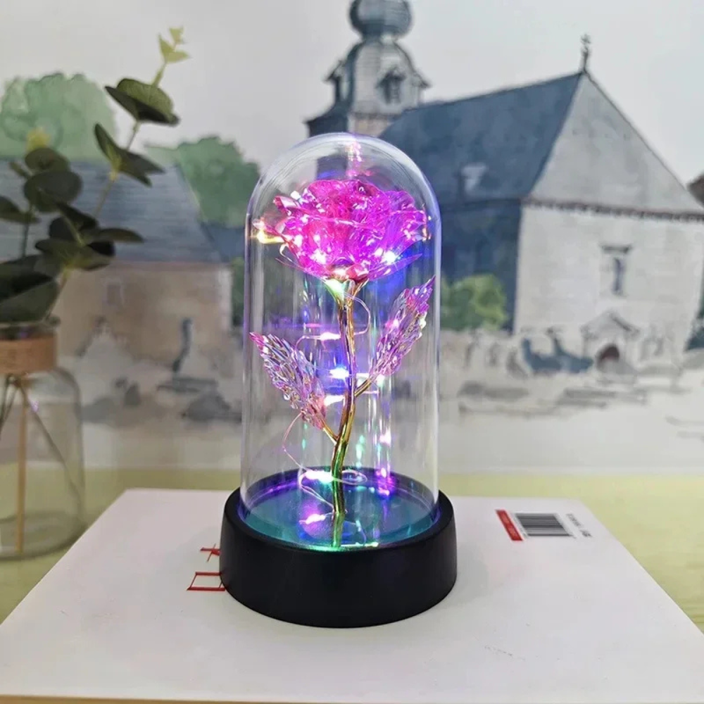 LED Rose Glass Dome Light with an Artificial Rose for Romantic Home and Gift Decor
