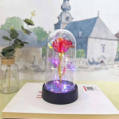 LED Rose Glass Dome Light with an Artificial Rose for Romantic Home and Gift Decor