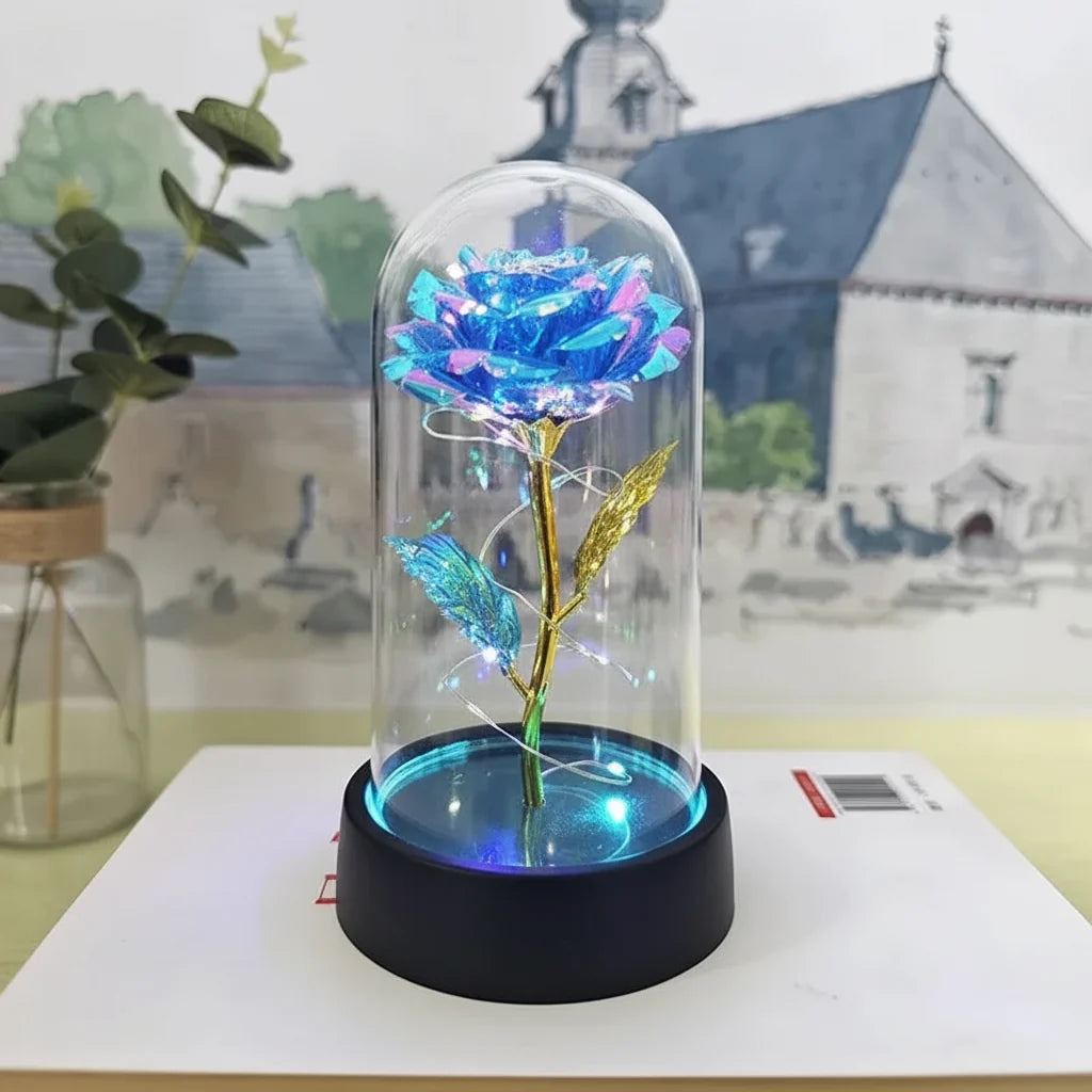 LED Rose Glass Dome Light with an Artificial Rose for Romantic Home and Gift Decor