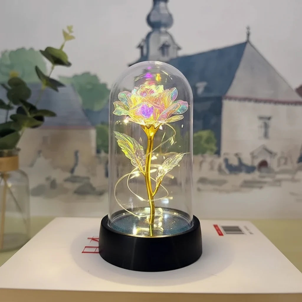 LED Rose Glass Dome Light with an Artificial Rose for Romantic Home and Gift Decor