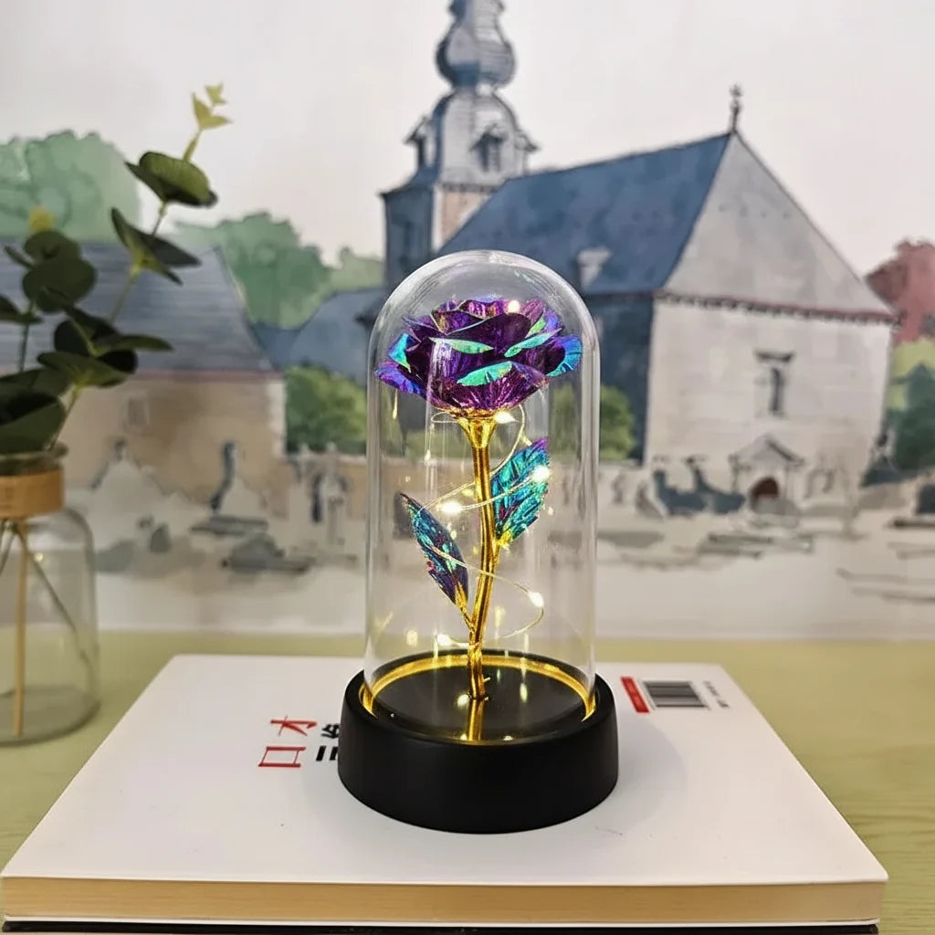 LED Rose Glass Dome Light with an Artificial Rose for Romantic Home and Gift Decor