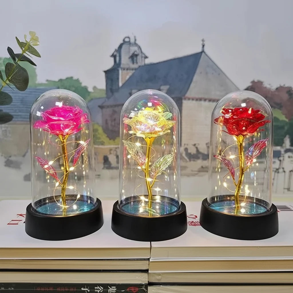 LED Rose Glass Dome Light with an Artificial Rose for Romantic Home and Gift Decor