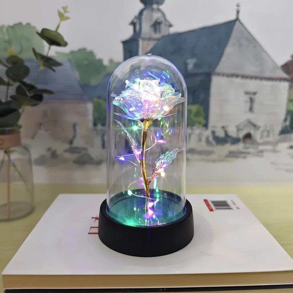 LED Rose Glass Dome Light with an Artificial Rose for Romantic Home and Gift Decor
