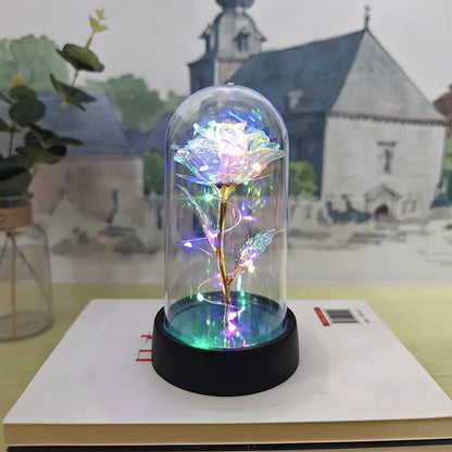 LED Rose Glass Dome Light with an Artificial Rose for Romantic Home and Gift Decor
