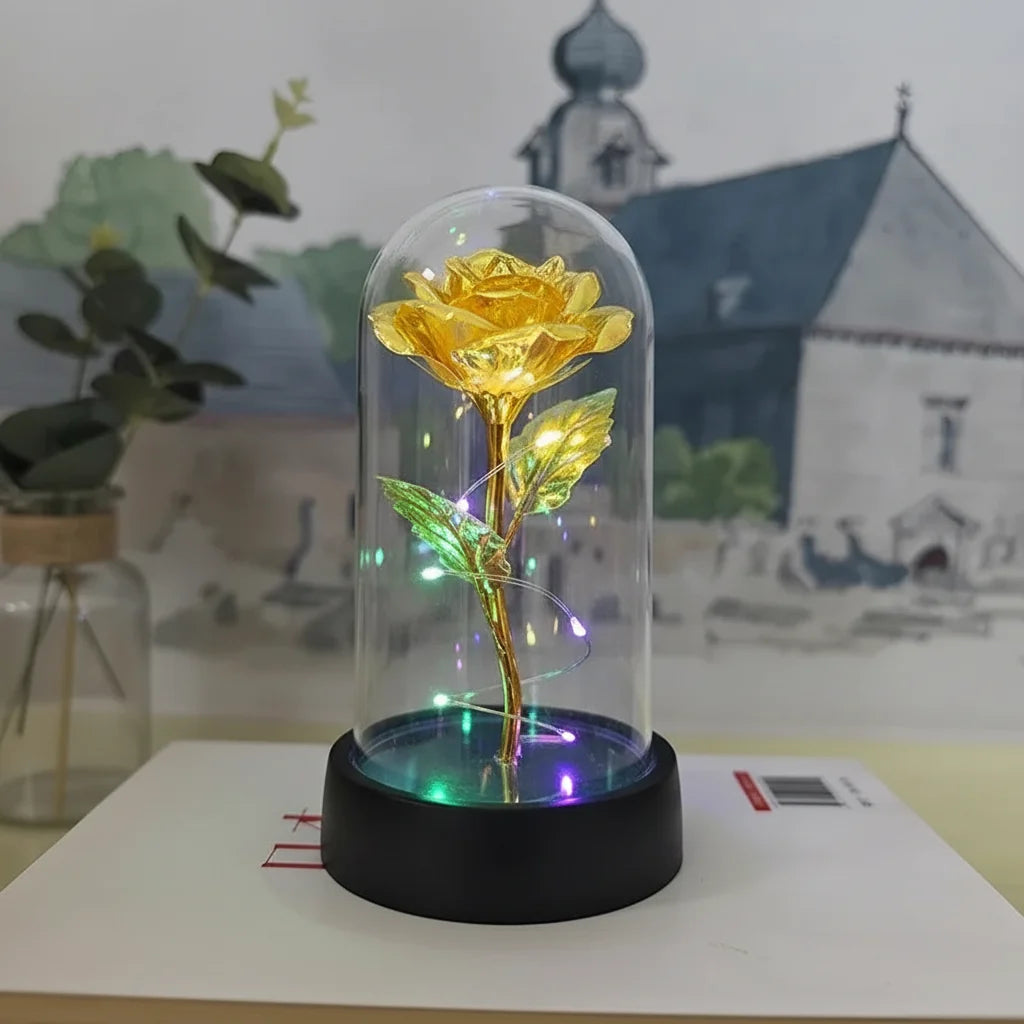 LED Rose Glass Dome Light with an Artificial Rose for Romantic Home and Gift Decor