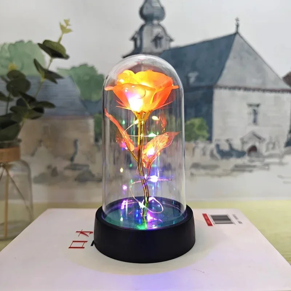 LED Rose Glass Dome Light with an Artificial Rose for Romantic Home and Gift Decor