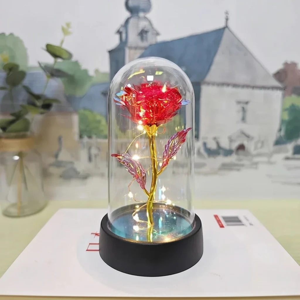 LED Rose Glass Dome Light with an Artificial Rose for Romantic Home and Gift Decor