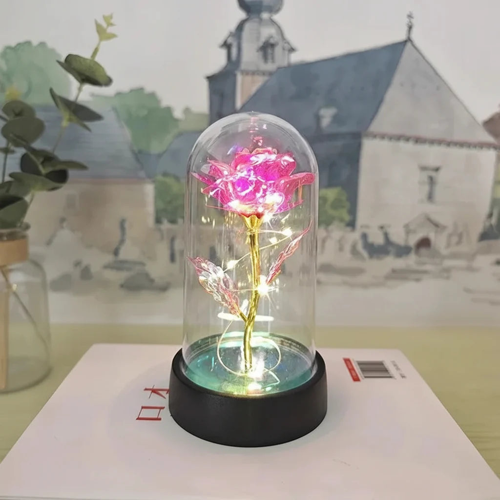 LED Rose Glass Dome Light with an Artificial Rose for Romantic Home and Gift Decor