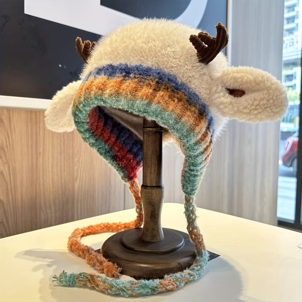 Women's Knit Reindeer Ear Flap Winter Beanie Hat with Antler Details and Braided Ties