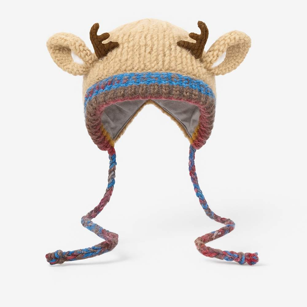 Women's Knit Reindeer Ear Flap Winter Beanie Hat with Antler Details and Braided Ties