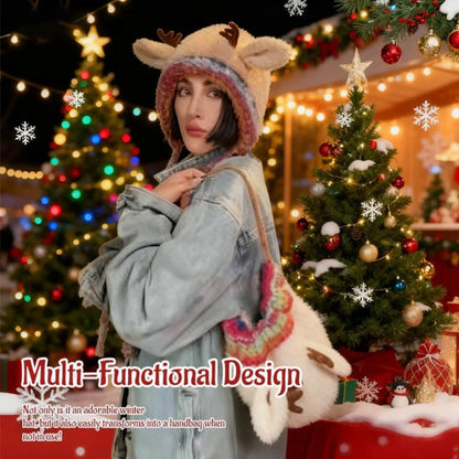 Women's Knit Reindeer Ear Flap Winter Beanie Hat with Antler Details and Braided Ties