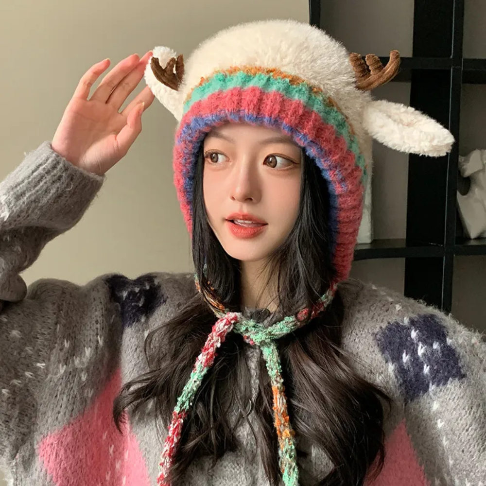 Women's Knit Reindeer Ear Flap Winter Beanie Hat with Antler Details and Braided Ties