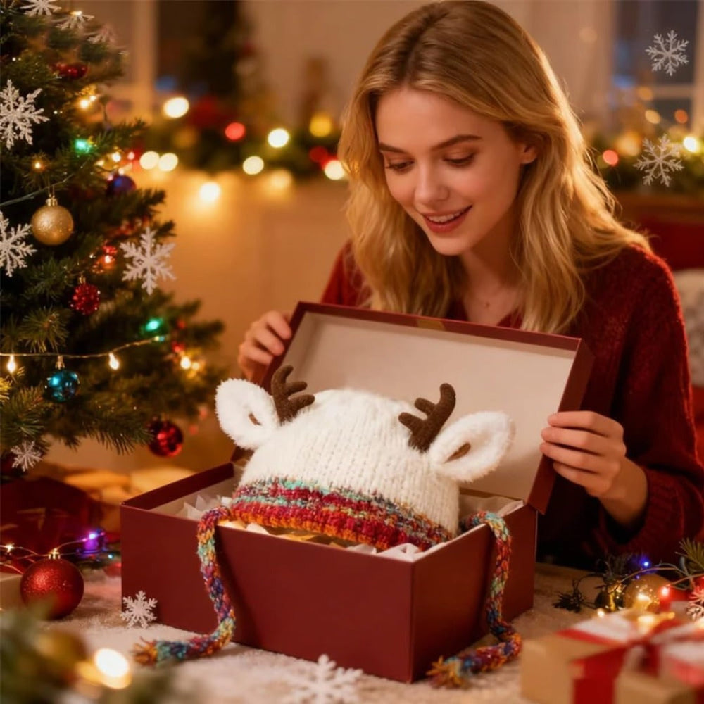 Women's Knit Reindeer Ear Flap Winter Beanie Hat with Antler Details and Braided Ties