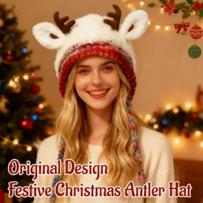 Women's Knit Reindeer Ear Flap Winter Beanie Hat with Antler Details and Braided Ties