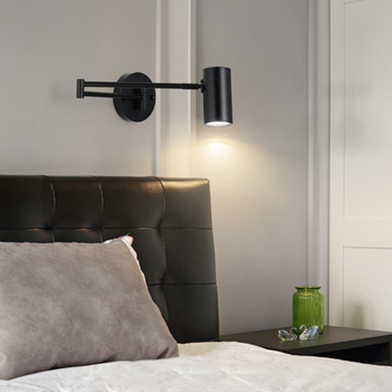 Modern LED Wall Light with Adjustable Swing Arm and Touch Switch, Iron Bedside Lamp, Black or Gold