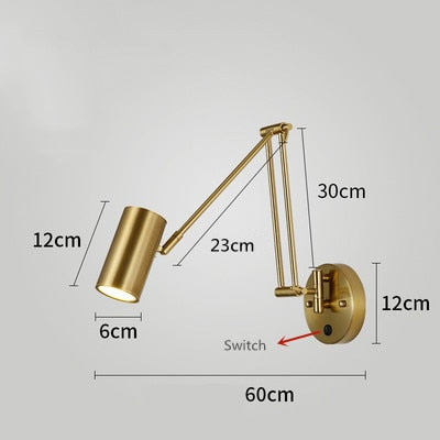 Modern LED Wall Light with Adjustable Swing Arm and Touch Switch, Iron Bedside Lamp, Black or Gold