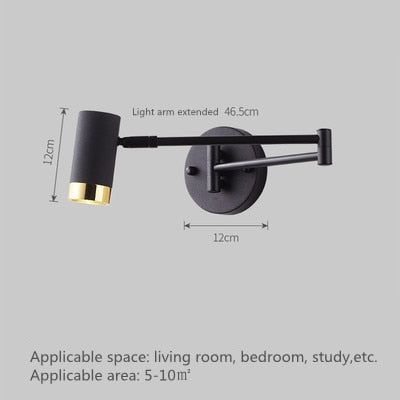 Modern LED Wall Light with Adjustable Swing Arm and Touch Switch, Iron Bedside Lamp, Black or Gold