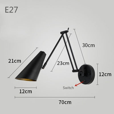 Modern LED Wall Light with Adjustable Swing Arm and Touch Switch, Iron Bedside Lamp, Black or Gold