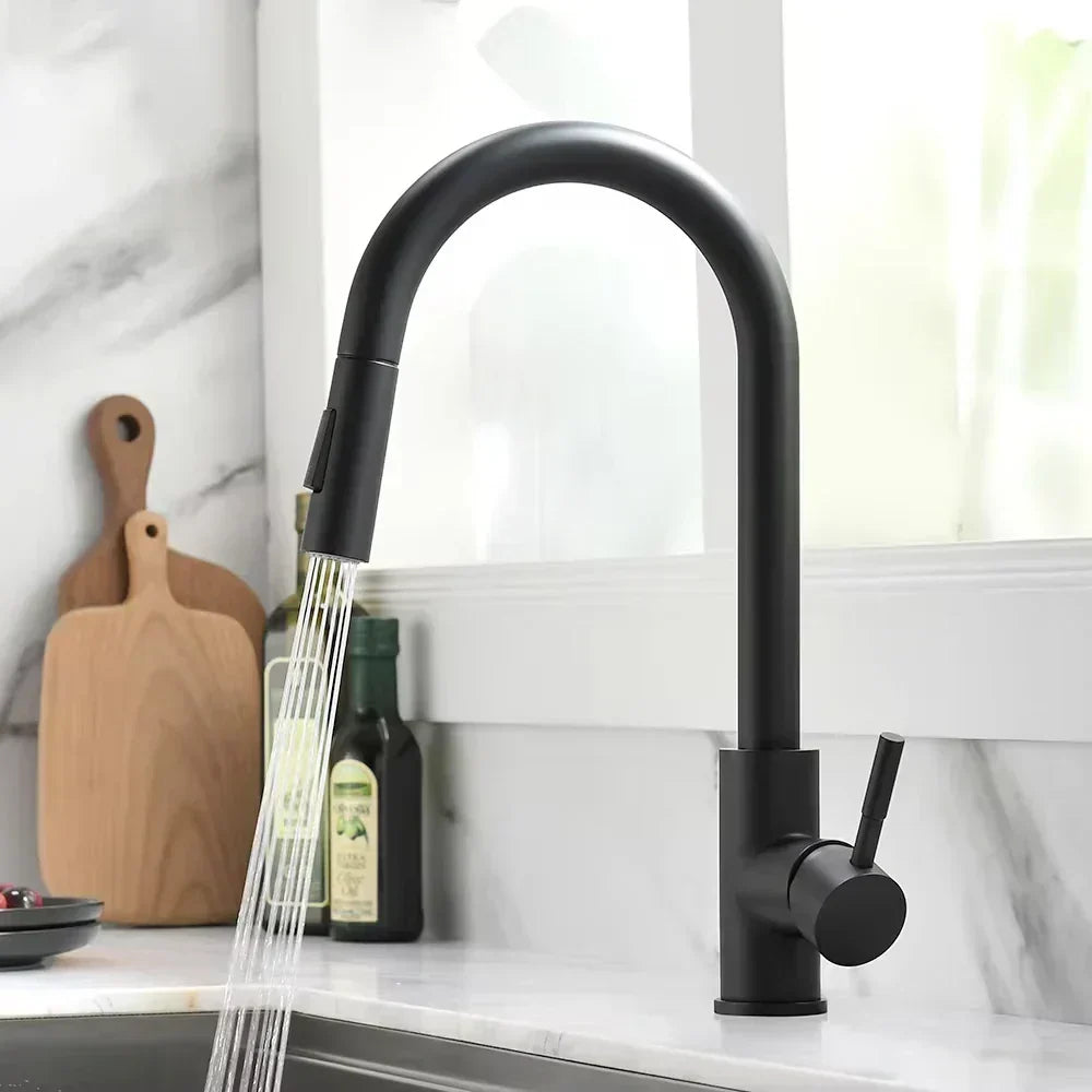 Silver Pull Out Kitchen Mixer Tap with Single Lever, Ceramic Valve and Flexible Spray Head