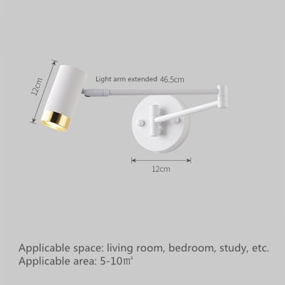 Modern LED Wall Light with Adjustable Swing Arm and Touch Switch, Iron Bedside Lamp, Black or Gold