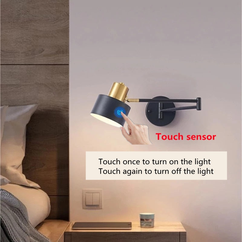 Modern LED Wall Light with Adjustable Swing Arm and Touch Switch, Iron Bedside Lamp, Black or Gold