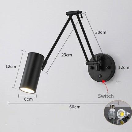 Modern LED Wall Light with Adjustable Swing Arm and Touch Switch, Iron Bedside Lamp, Black or Gold
