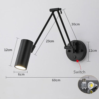 Modern LED Wall Light with Adjustable Swing Arm and Touch Switch, Iron Bedside Lamp, Black or Gold