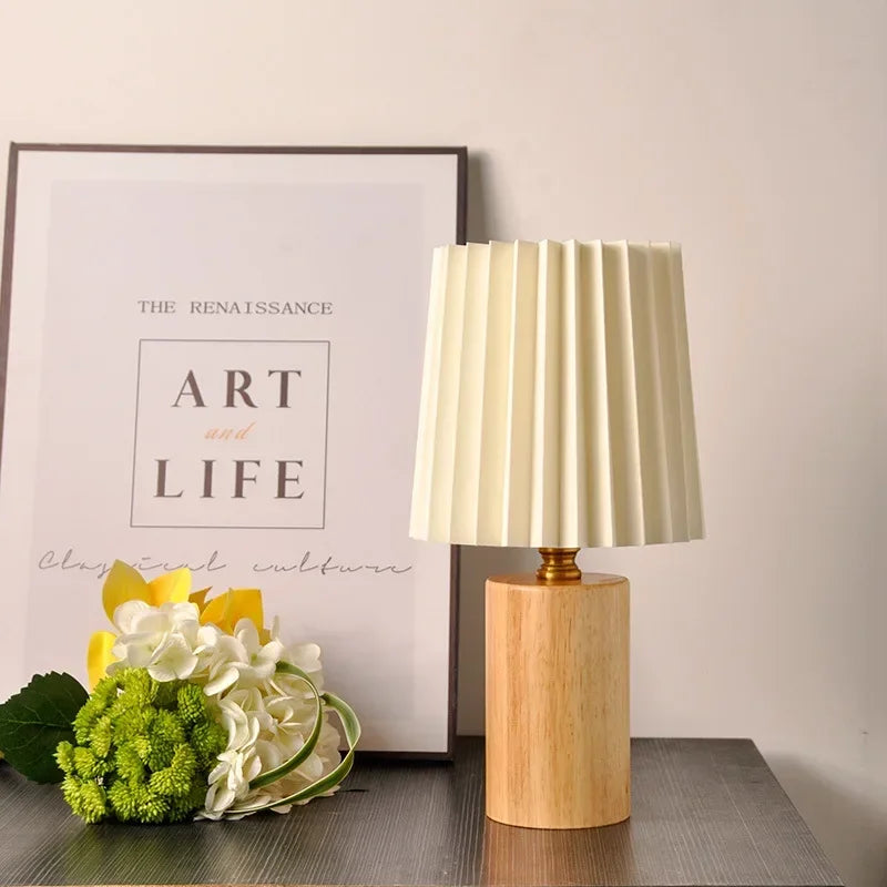 Pleated Table Lamp - Nordic Korean Style, Solid Wood Base, Bedside Reading Light