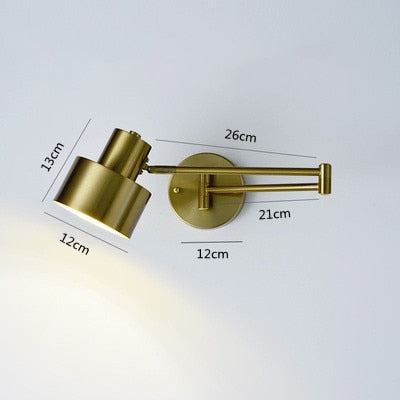 Modern LED Wall Light with Adjustable Swing Arm and Touch Switch, Iron Bedside Lamp, Black or Gold