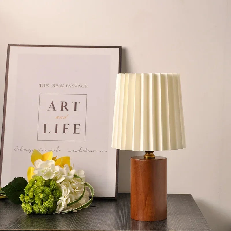 Pleated Table Lamp - Nordic Korean Style, Solid Wood Base, Bedside Reading Light