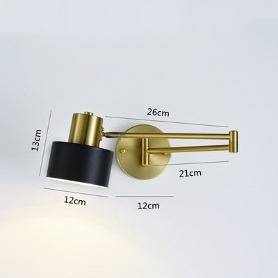 Modern LED Wall Light with Adjustable Swing Arm and Touch Switch, Iron Bedside Lamp, Black or Gold