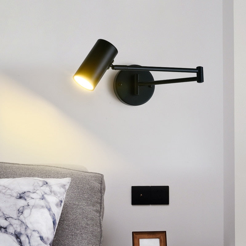Modern LED Wall Light with Adjustable Swing Arm and Touch Switch, Iron Bedside Lamp, Black or Gold