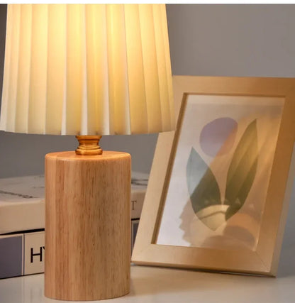 Pleated Table Lamp - Nordic Korean Style, Solid Wood Base, Bedside Reading Light