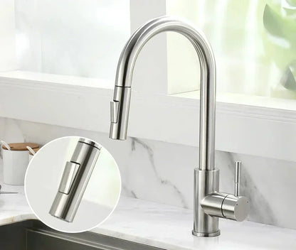 Silver Pull Out Kitchen Mixer Tap with Single Lever, Ceramic Valve and Flexible Spray Head