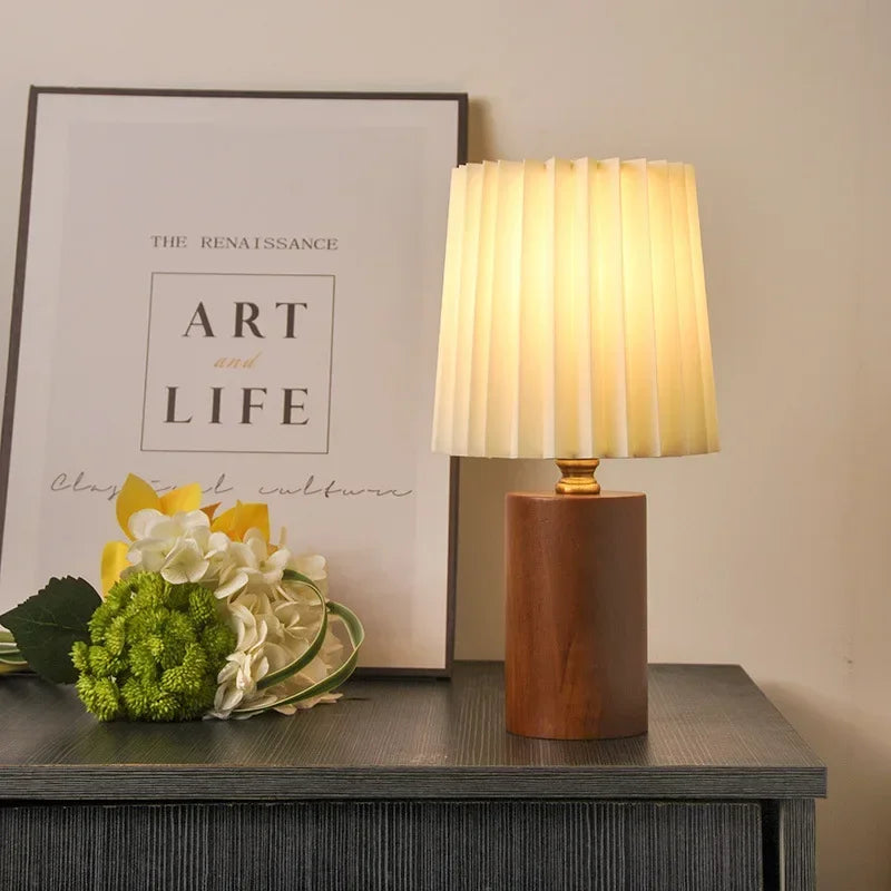 Pleated Table Lamp - Nordic Korean Style, Solid Wood Base, Bedside Reading Light
