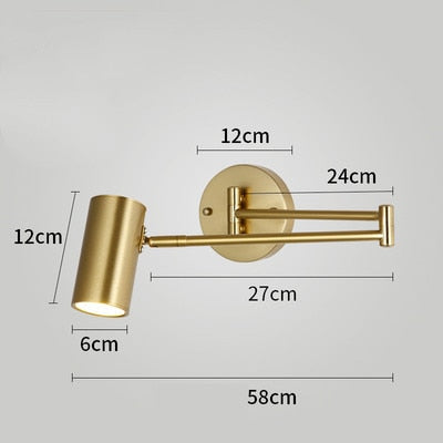 Modern LED Wall Light with Adjustable Swing Arm and Touch Switch, Iron Bedside Lamp, Black or Gold