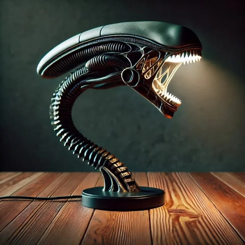 Biomechanical Alien Creature Desk Lamp, Handcrafted Resin LED Lamp with Weighted Base, USB, 7 Inch