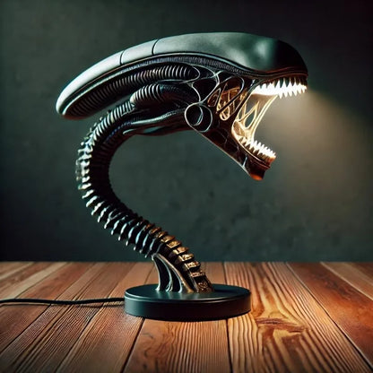 Biomechanical Alien Creature Desk Lamp, Handcrafted Resin LED Lamp with Weighted Base, USB, 7 Inch