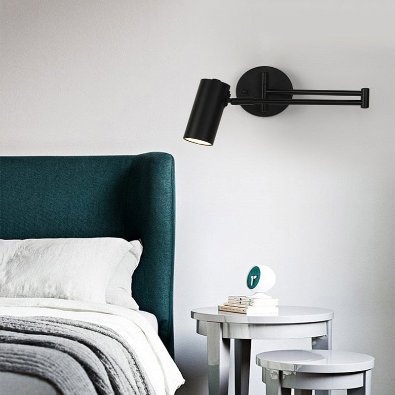 Modern LED Wall Light with Adjustable Swing Arm and Touch Switch, Iron Bedside Lamp, Black or Gold