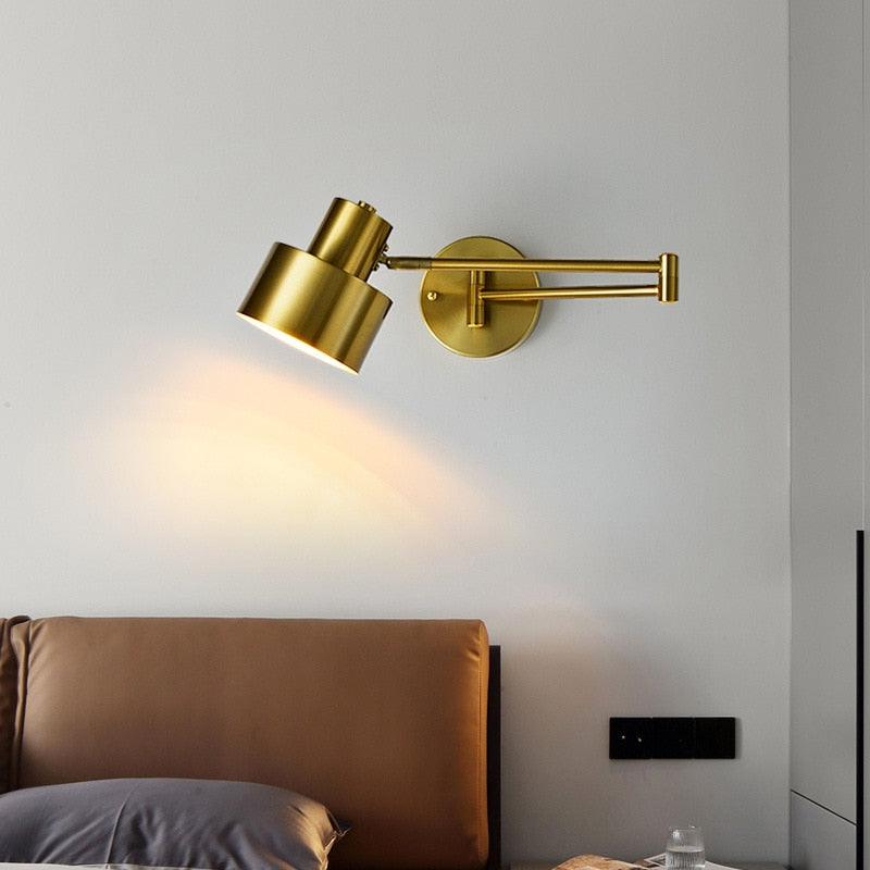 Modern LED Wall Light with Adjustable Swing Arm and Touch Switch, Iron Bedside Lamp, Black or Gold