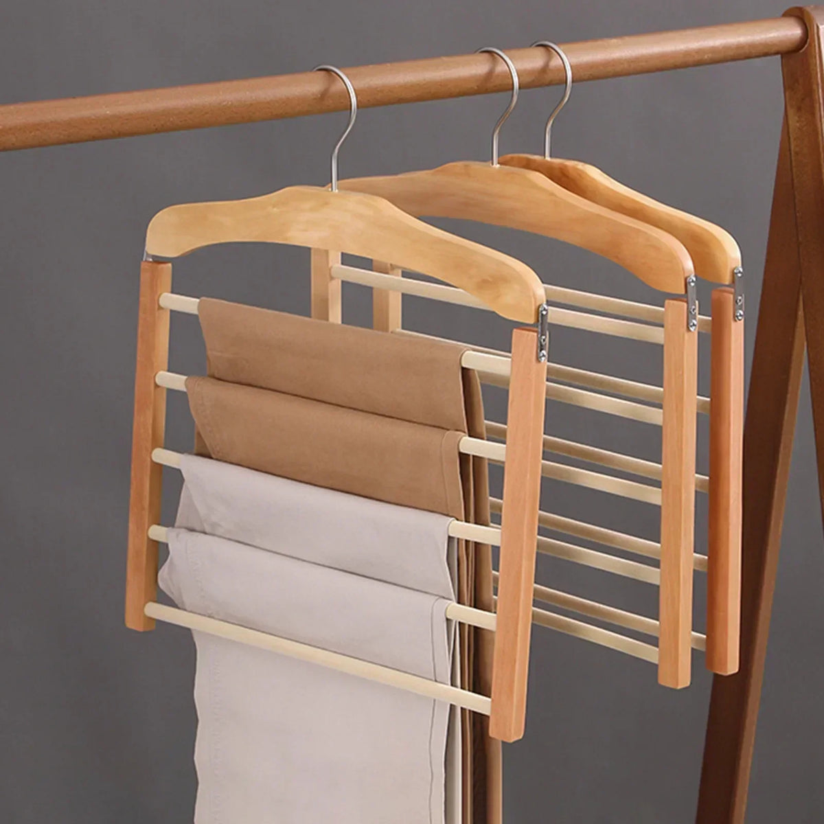 Wooden Multi Bar Trouser Hanger with Metal Hardware, Space Saving Closet Organiser for Trousers